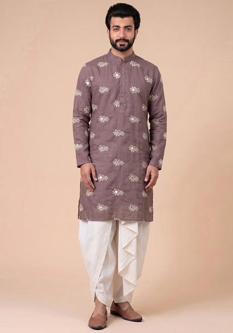 Taupe Brown Embroidered Chanderi Kurta Set For Men