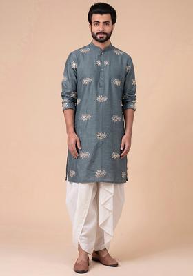 Slate Grey Embroidered Chanderi Kurta Set For Men