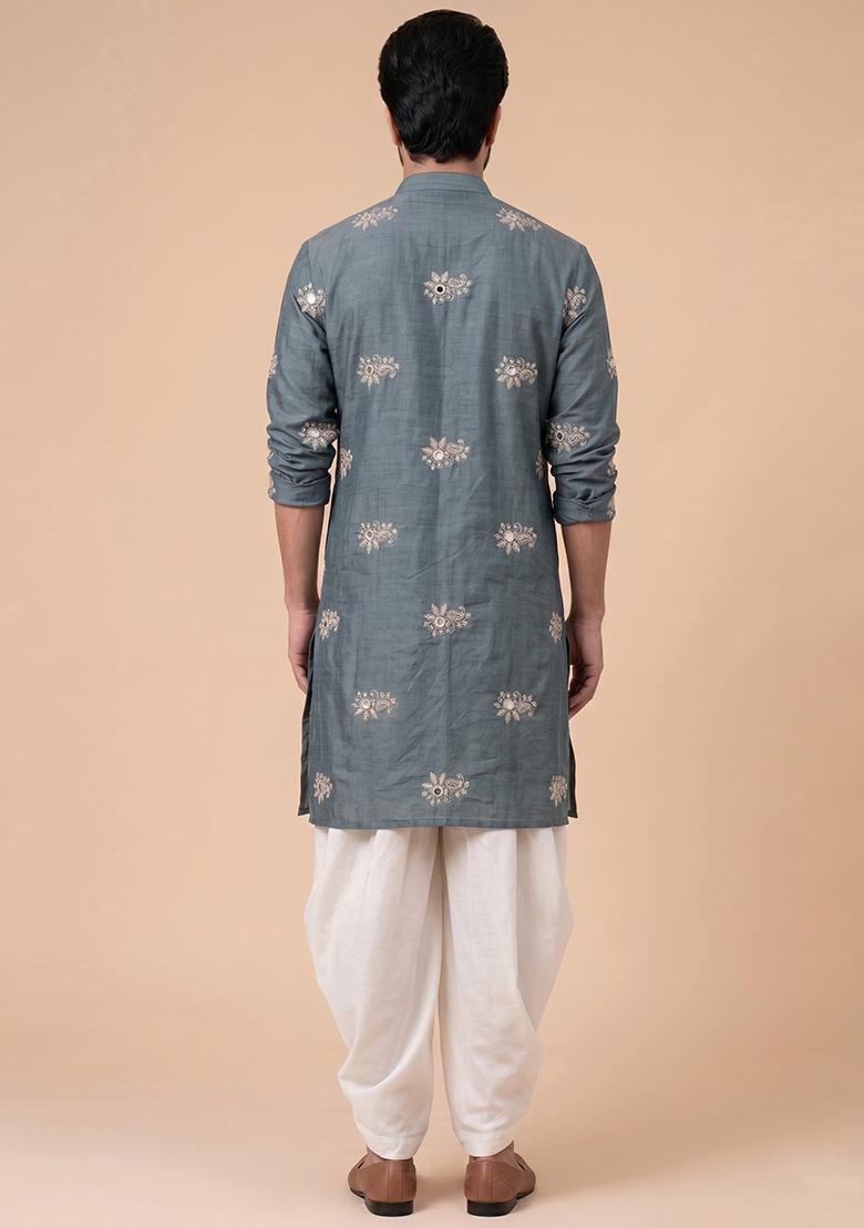 Slate Grey Embroidered Chanderi Kurta Set For Men - Indya