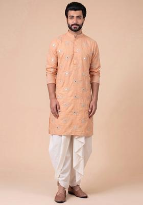 Peach Embroidered Chanderi Kurta Set For Men
