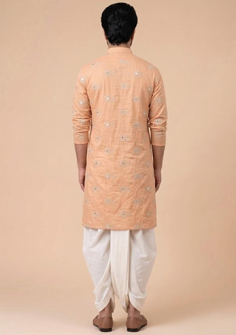 Peach Embroidered Chanderi Kurta Set For Men - Indya