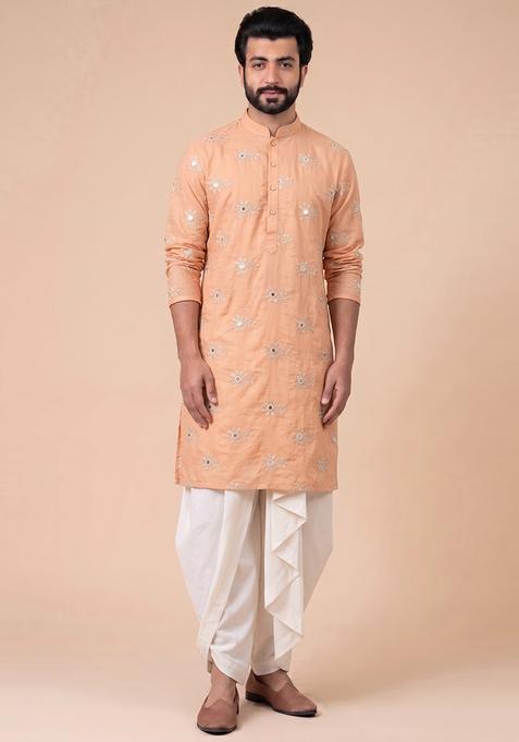 Peach Embroidered Chanderi Kurta Set For Men