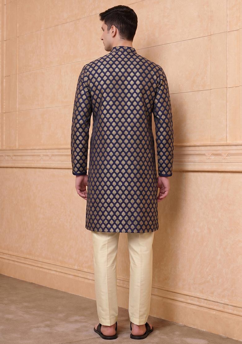Navy Blue Jacquard Brocade Kurta Set For Men - Indya