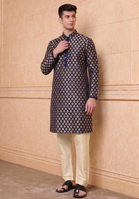 Navy Blue Jacquard Brocade Kurta Set For Men