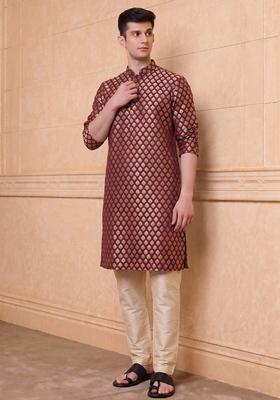 Maroon Jacquard Brocade Kurta Set For Men