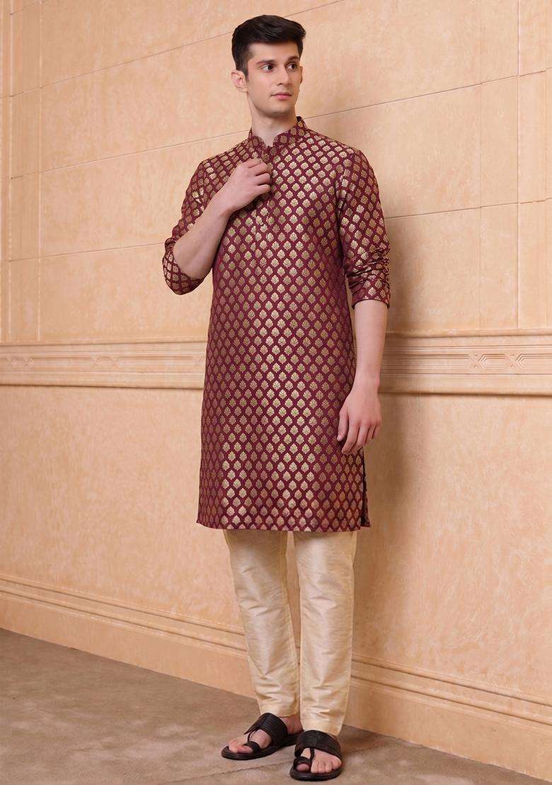 Maroon Jacquard Brocade Kurta Set For Men - Indya