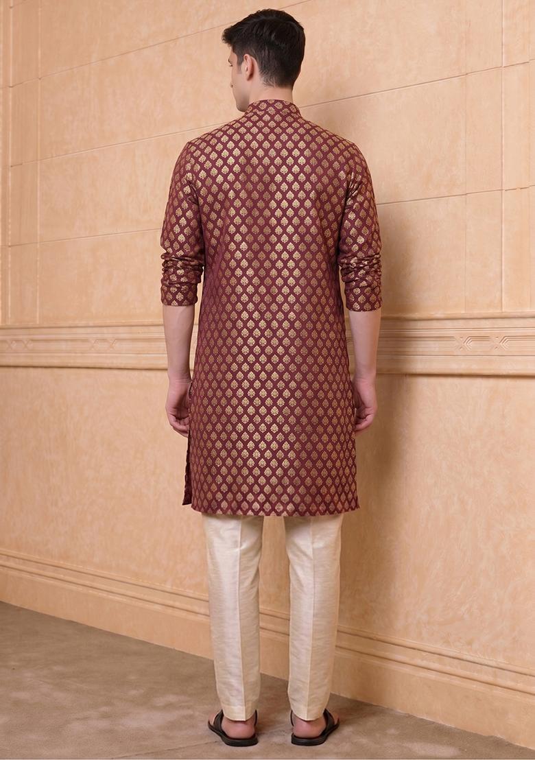 Maroon Jacquard Brocade Kurta Set For Men - Indya