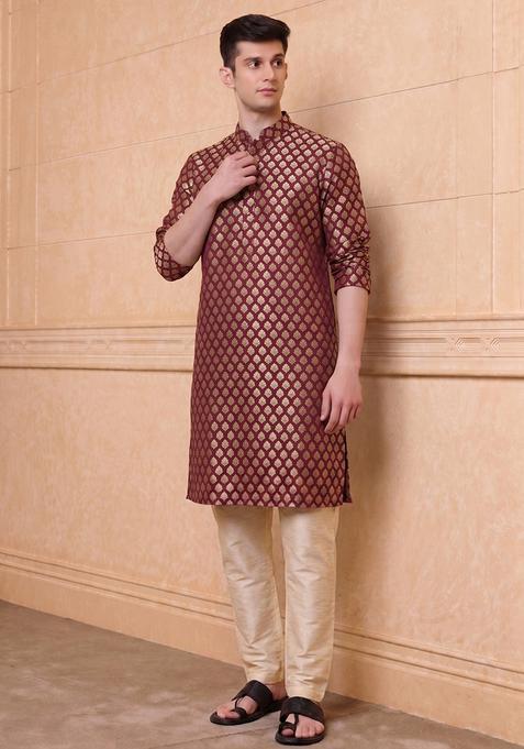 Maroon Jacquard Brocade Kurta Set For Men