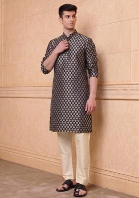 Navy Blue Jacquard Brocade Kurta Set For Men