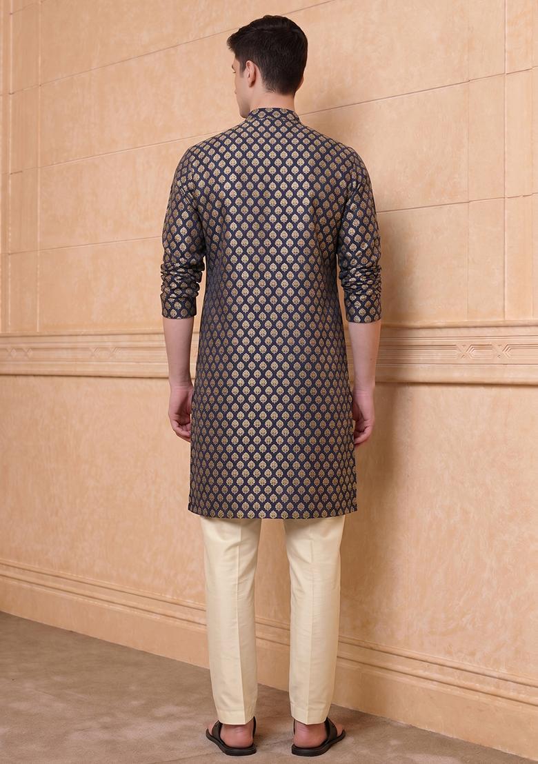 Navy Blue Jacquard Brocade Kurta Set For Men - Indya