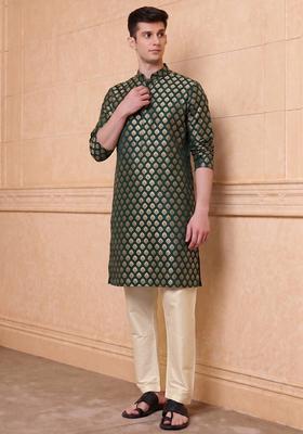 Bottle Green Jacquard Brocade Kurta Set For Men