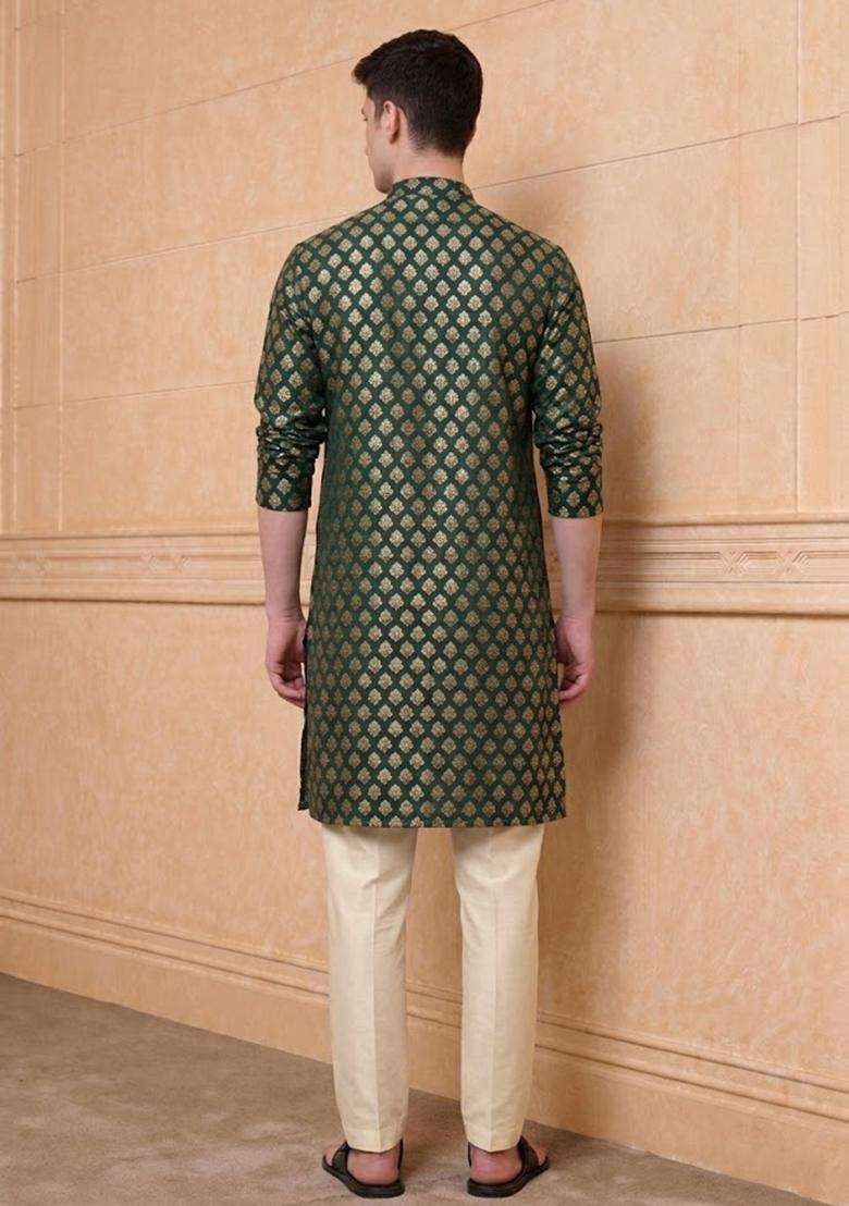 Bottle Green Jacquard Brocade Kurta Set For Men - Indya