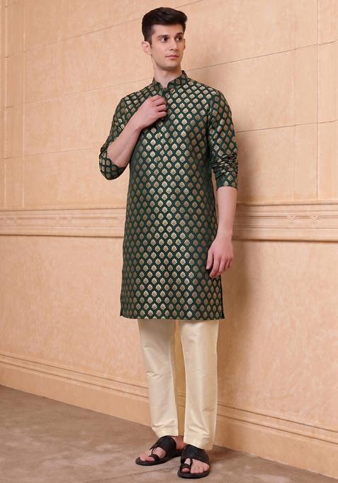 Bottle Green Jacquard Brocade Kurta Set For Men