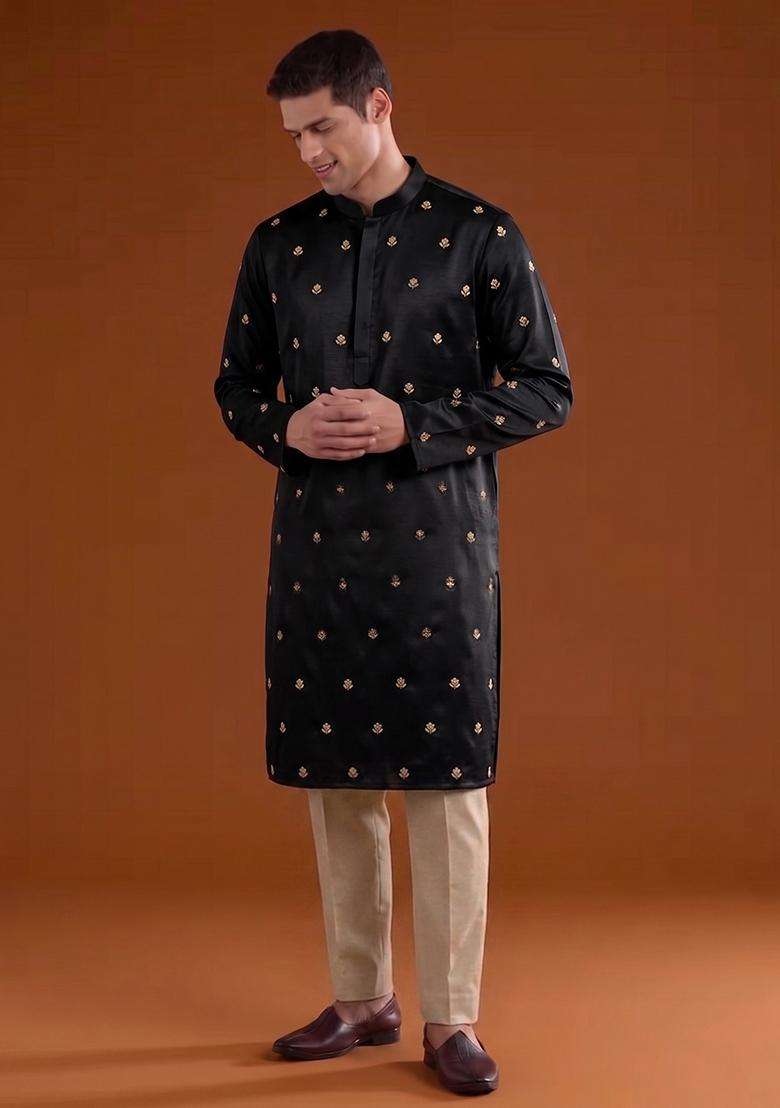 Black Handwork Satin Kurta Set - Indya