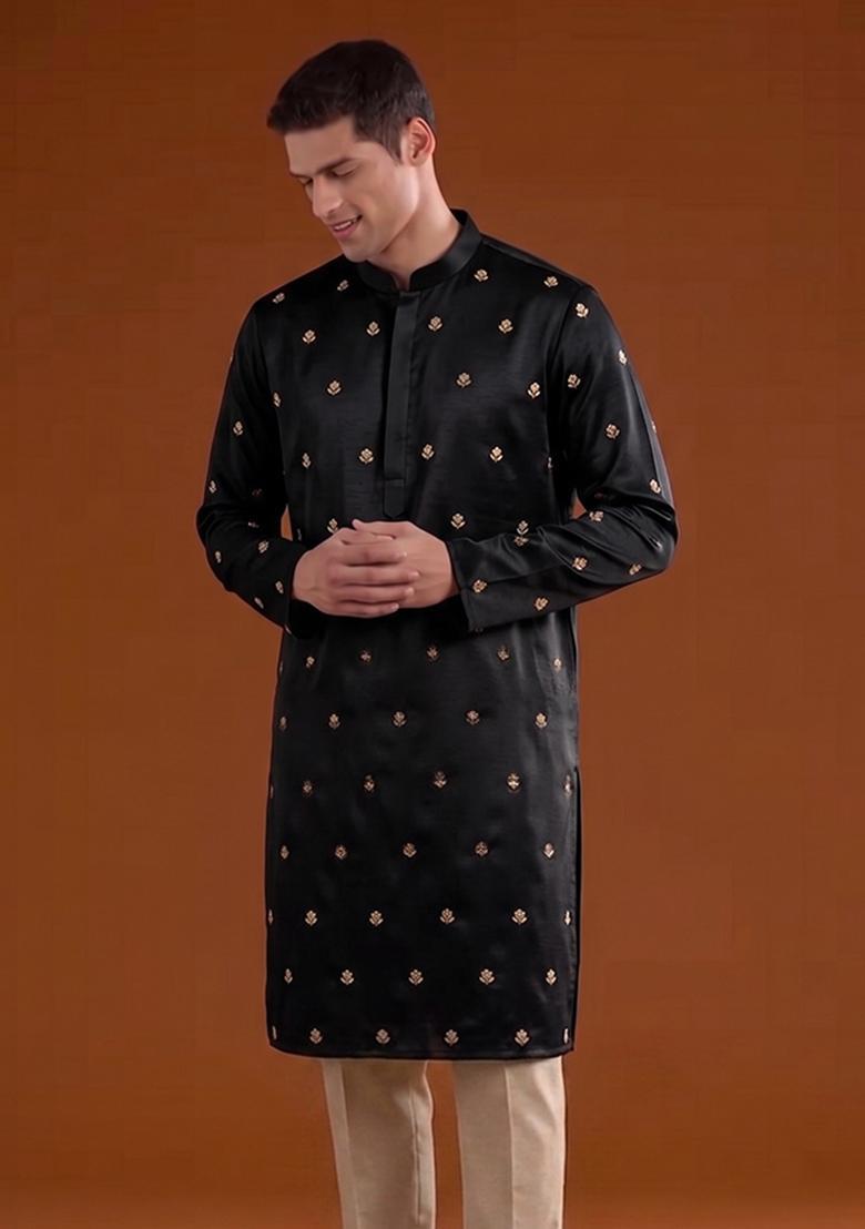 Black Handwork Satin Kurta Set - Indya