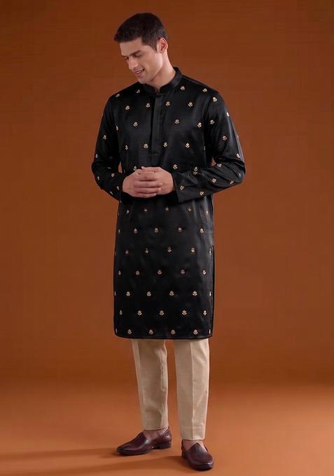 Black Handwork Satin Kurta Set