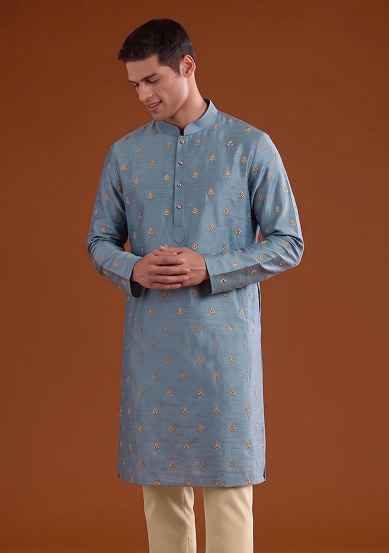 Sky Blue Handwork Satin Kurta Set - Indya