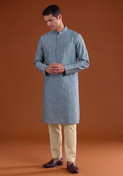 Sky Blue Handwork Satin Kurta Set