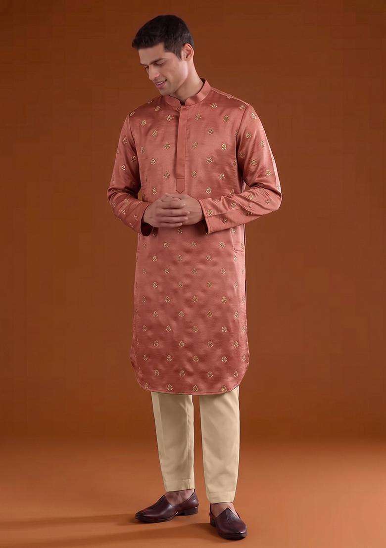 Rust Handwork Satin Kurta Set - Indya