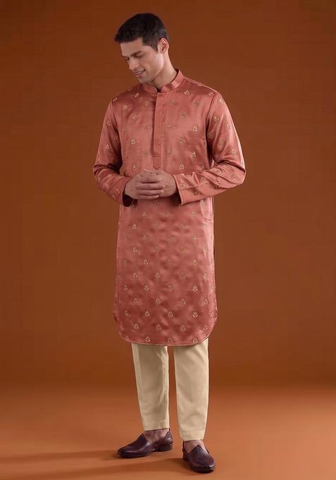 Rust Handwork Satin Kurta Set