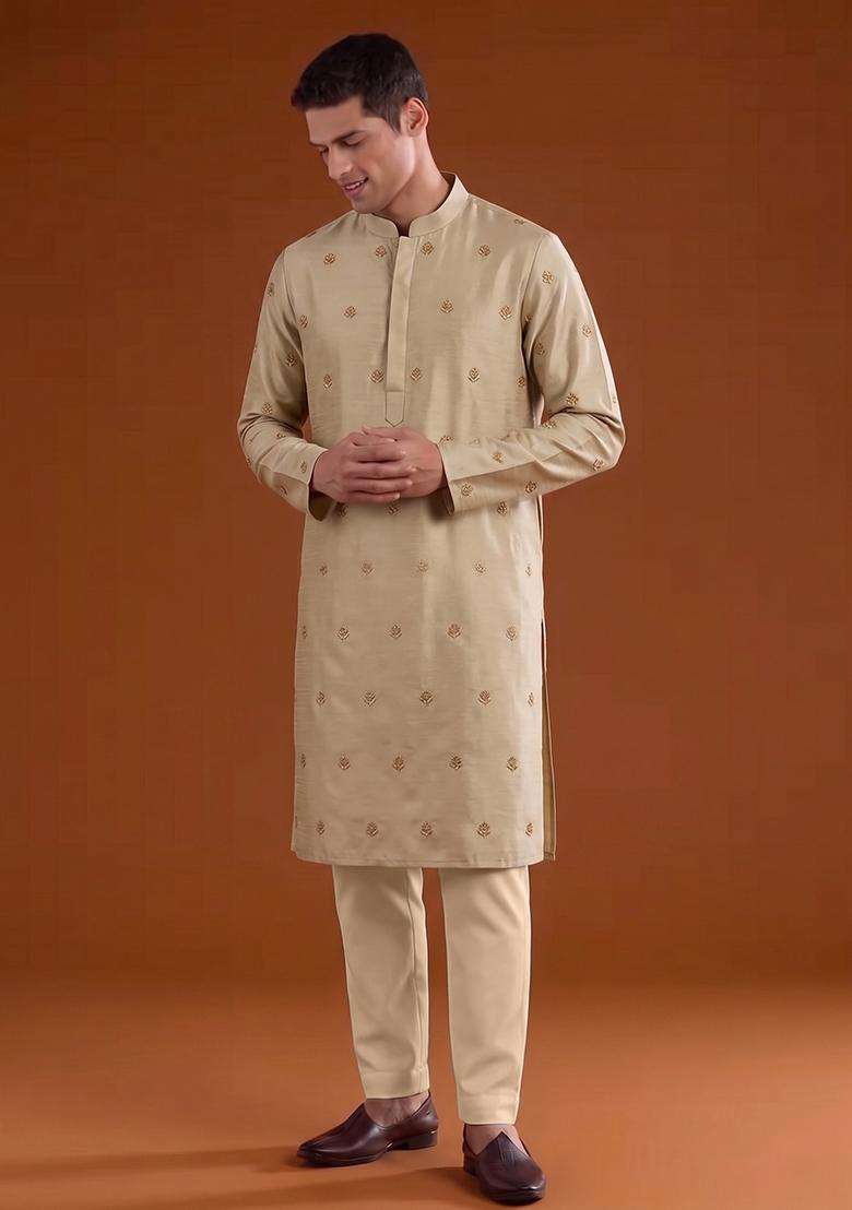 Beige Handwork Satin Kurta Set - Indya