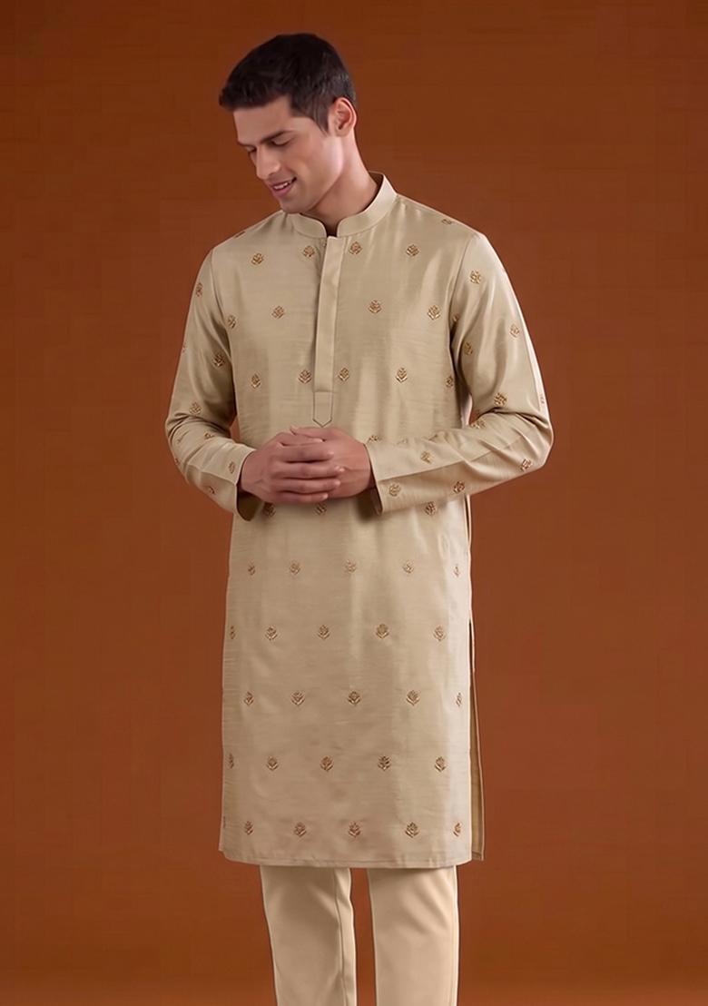 Beige Handwork Satin Kurta Set - Indya