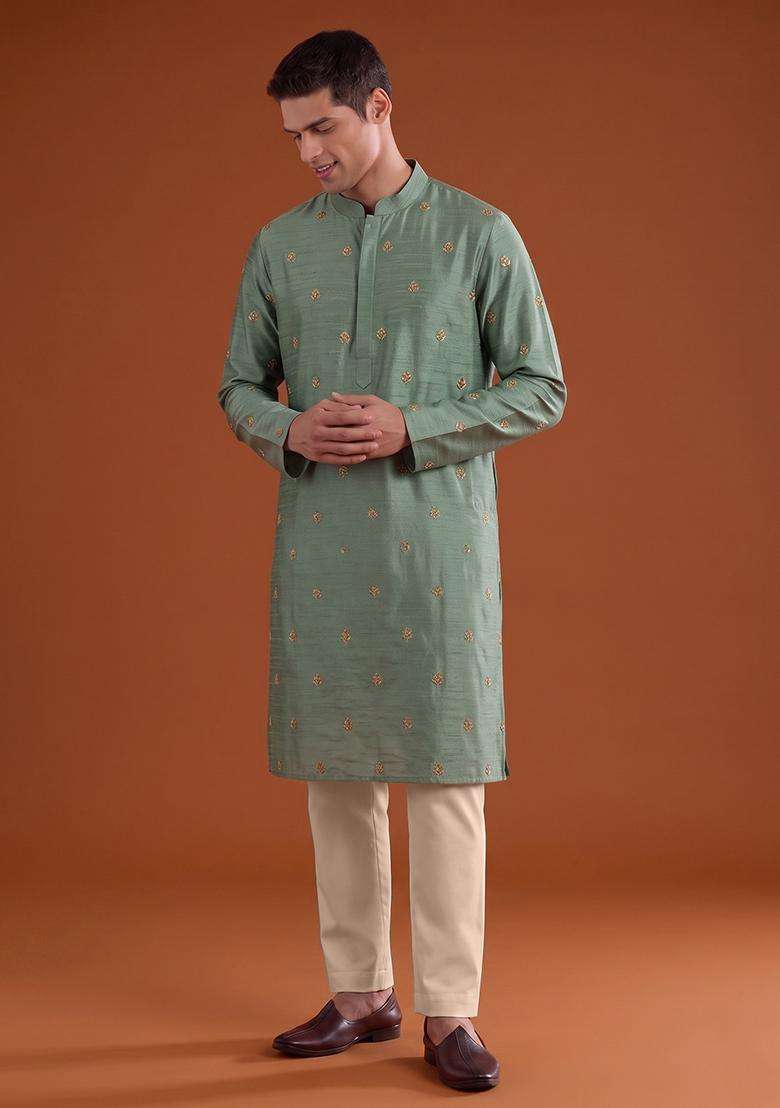 Mint Green Handwork Kurta Set For Men - Indya