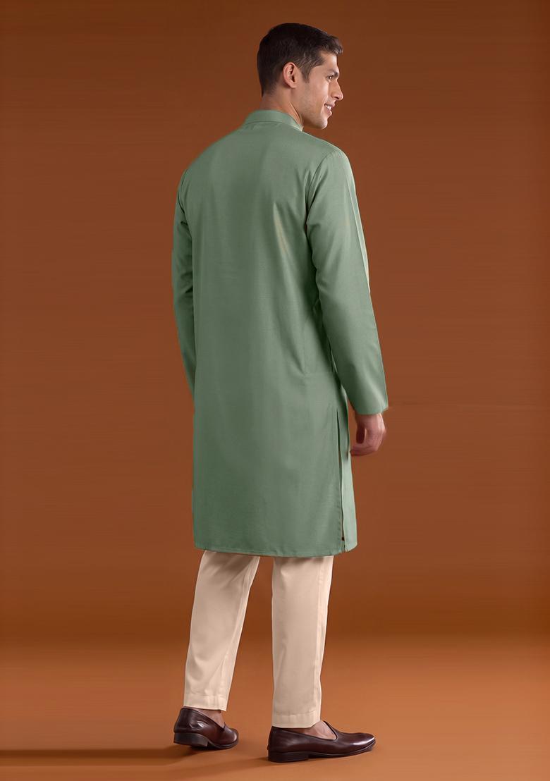 Mint Green Handwork Kurta Set For Men - Indya