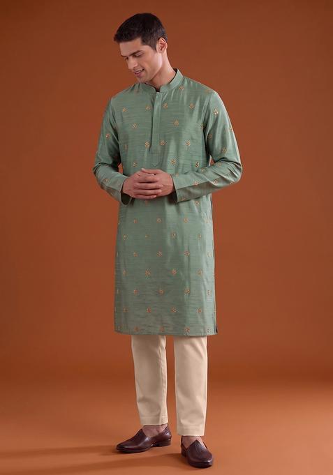 Bottle Green Handwork Satin Kurta Set
