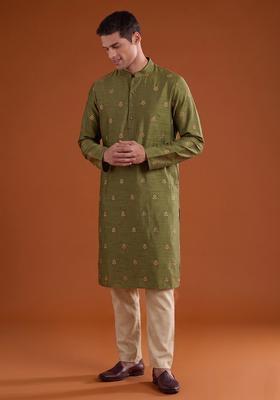 Olive Green Handwork Satin Kurta Set