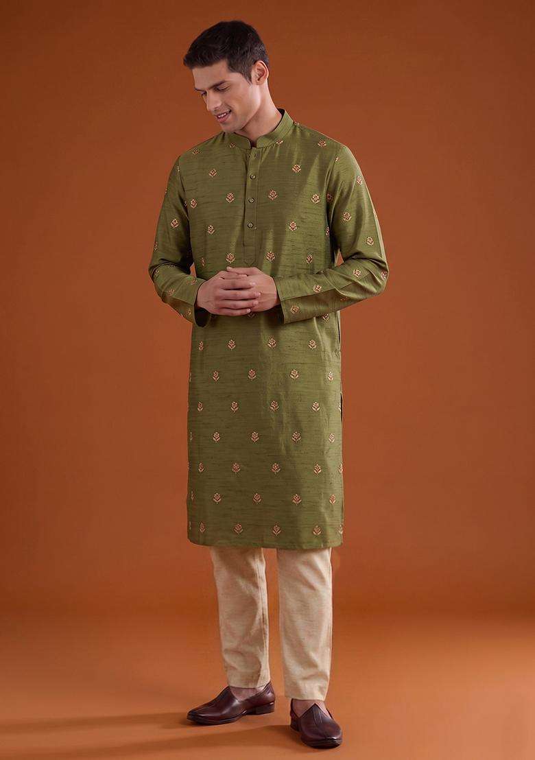 Olive Green Handwork Satin Kurta Set - Indya