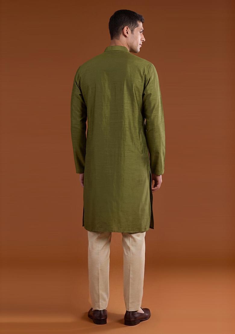 Olive Green Handwork Satin Kurta Set - Indya