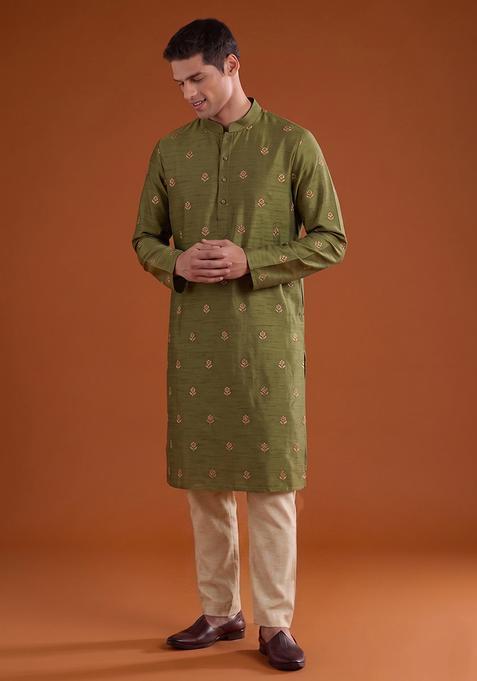 Olive Green Handwork Satin Kurta Set