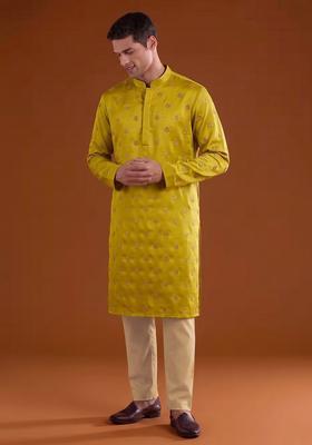 Mustard Handwork Satin Kurta Set