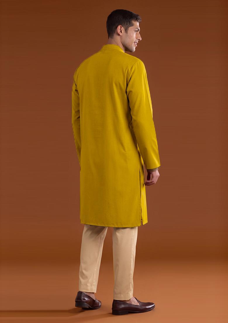 Mustard Handwork Satin Kurta Set - Indya