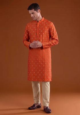 Rust Orange Handwork Satin Kurta Set