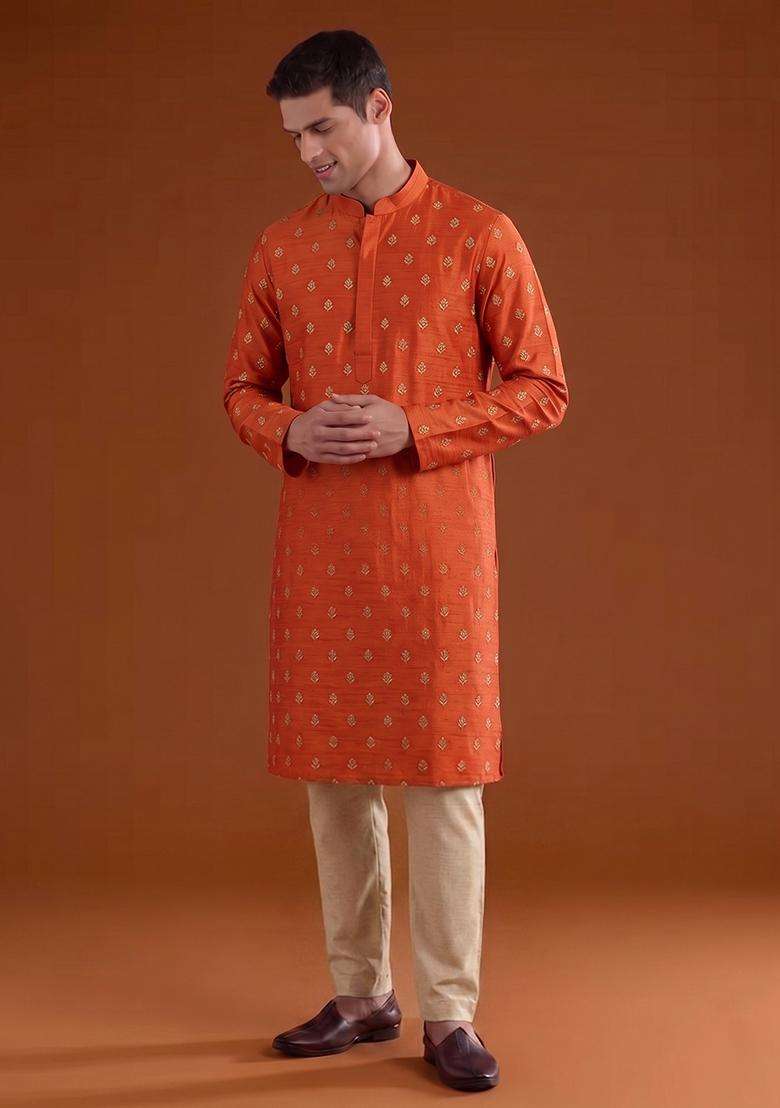 Rust Orange Handwork Satin Kurta Set - Indya