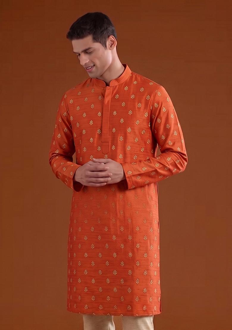 Rust Orange Handwork Satin Kurta Set - Indya