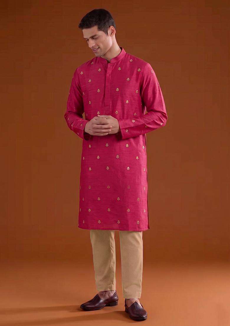 Rani Pink Handwork Satin Kurta Set - Indya