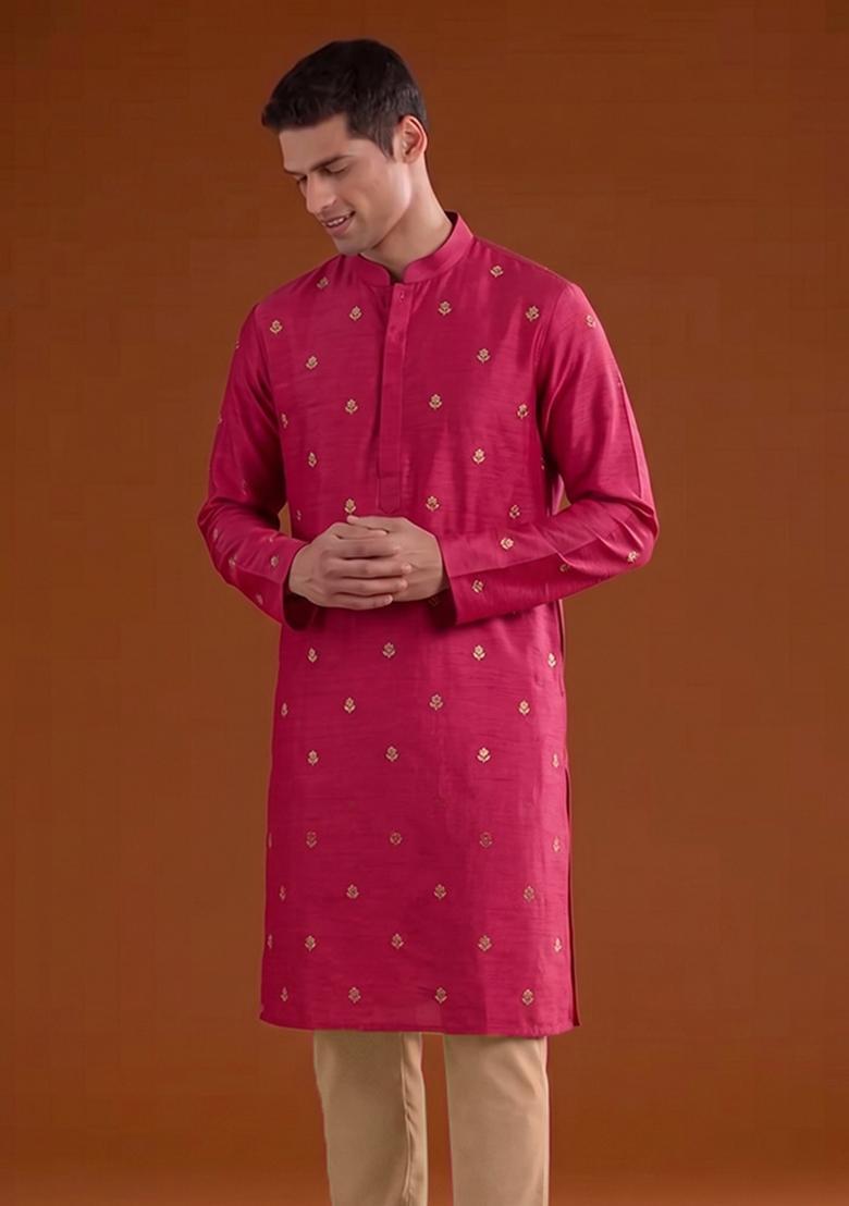 Rani Pink Handwork Satin Kurta Set - Indya