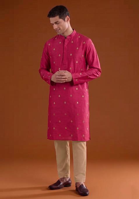 Rani Pink Handwork Satin Kurta Set