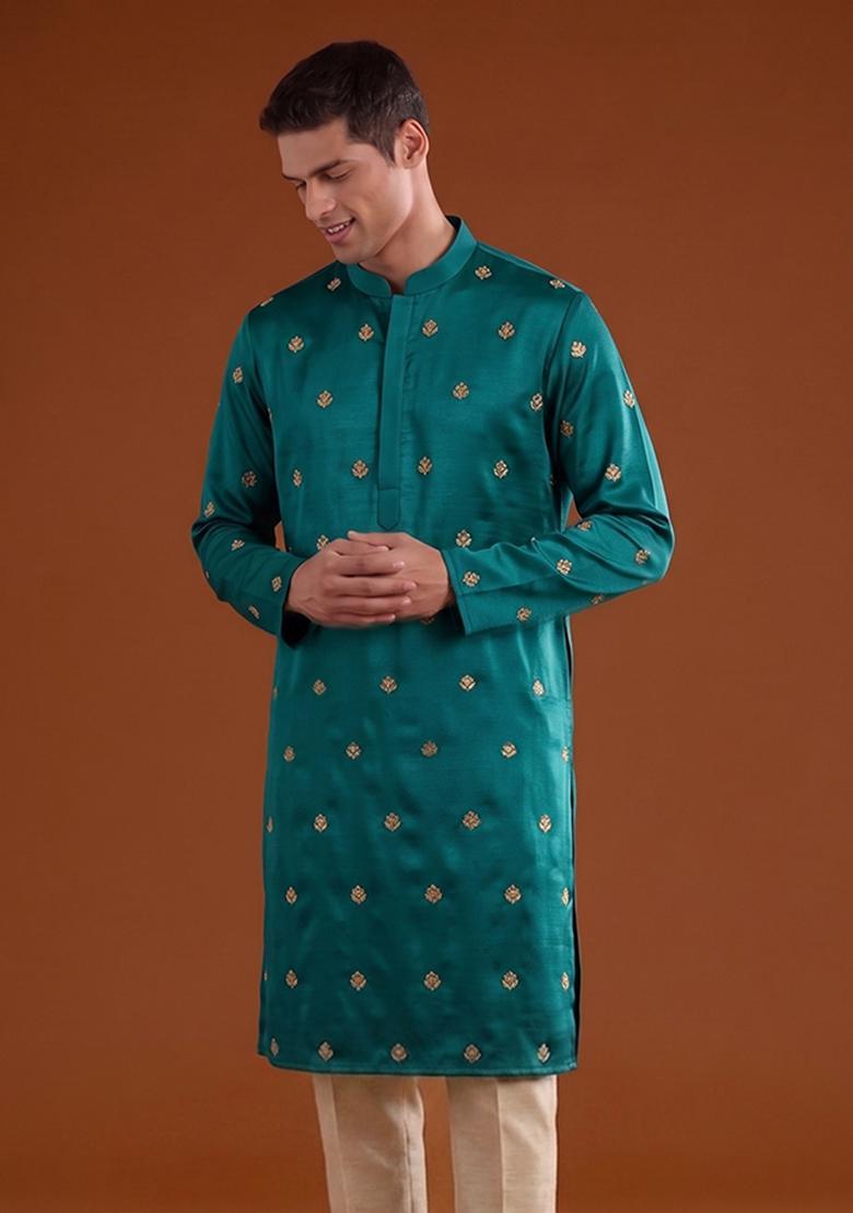 Teal Handwork Satin Kurta Set - Indya