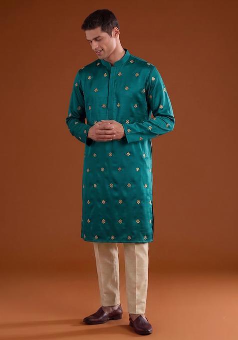Teal Handwork Satin Kurta Set