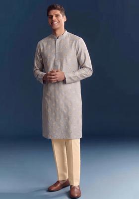 Light Grey Handwork Silk Blend Kurta Set