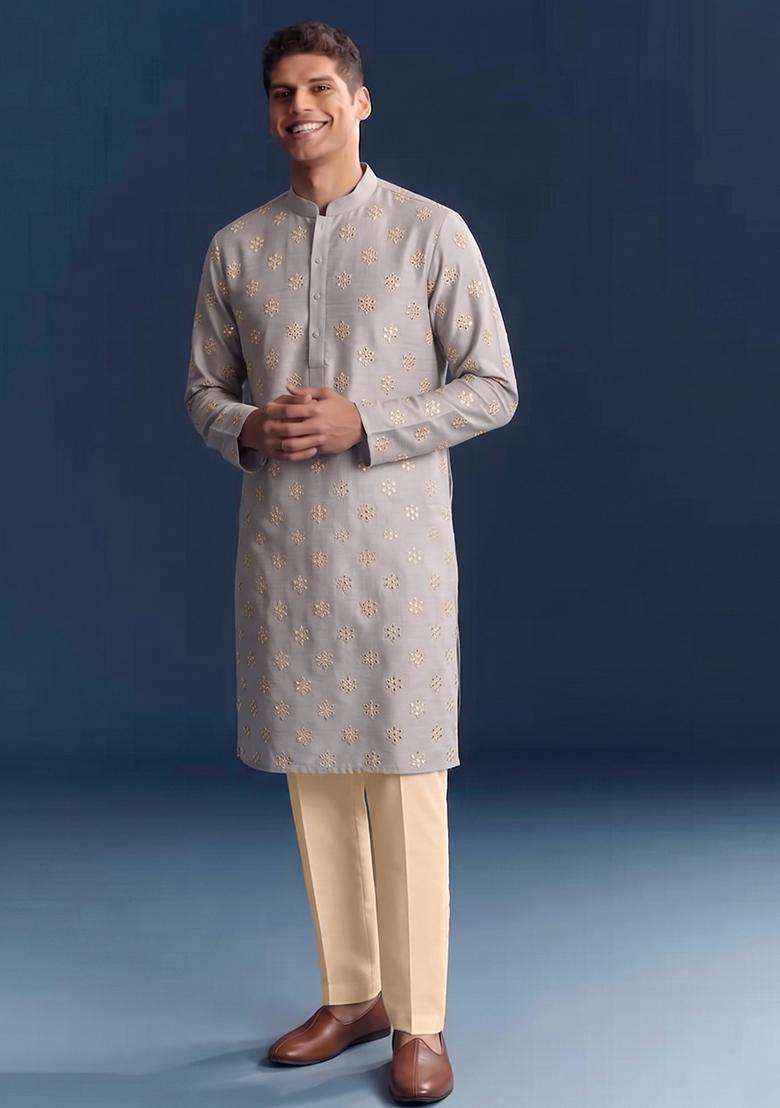 Light Grey Handwork Silk Blend Kurta Set - Indya