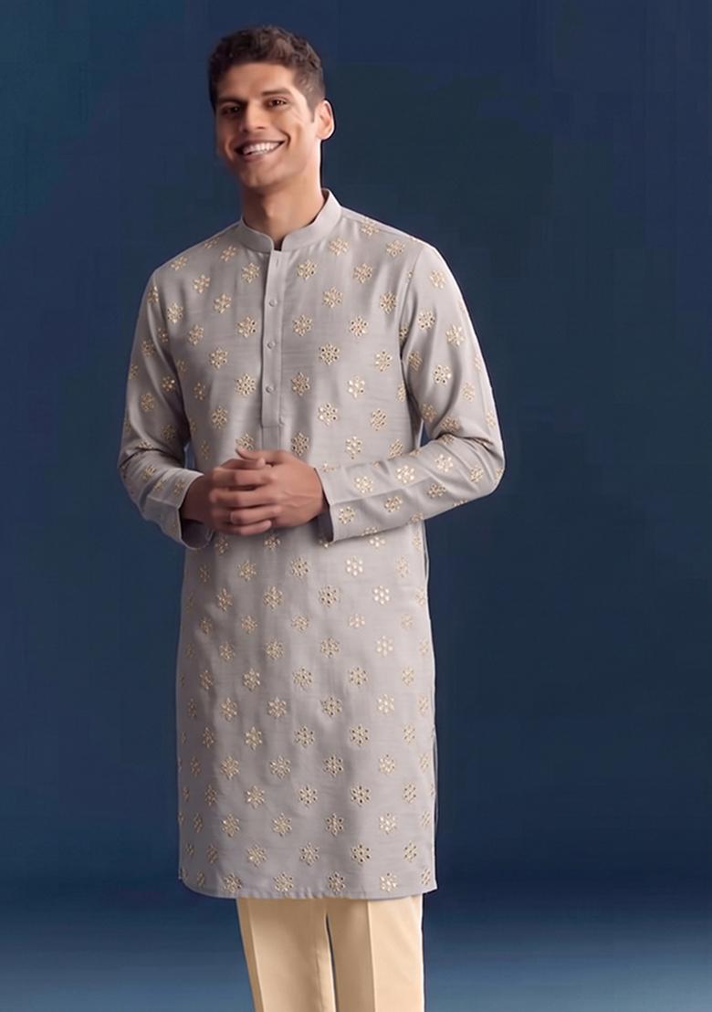 Light Grey Handwork Silk Blend Kurta Set - Indya