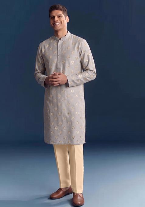 Light Grey Handwork Silk Kurta Set