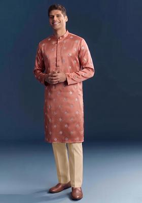 Peach Handwork Silk Blend Kurta Set