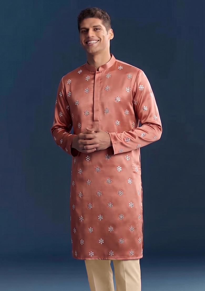 Peach Handwork Silk Blend Kurta Set - Indya