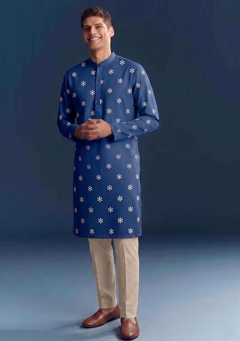 Royal Blue Handwork Silk Blend Kurta Set - Indya
